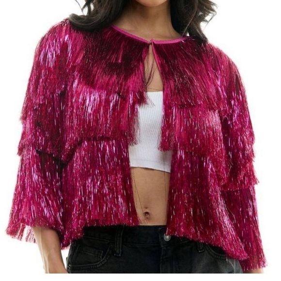 Pink Fringe Three Tiered Tinsel Jacket NWT - Picture 2 of 5